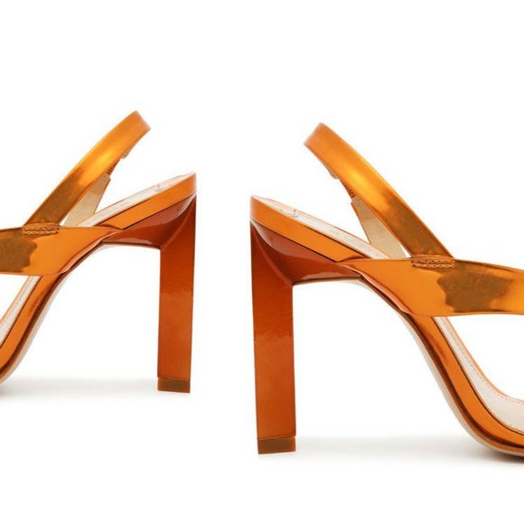 NEW - SCHUTZ Block Heel - Metallic Kelly Leather Sandal - Picture 4 of 6